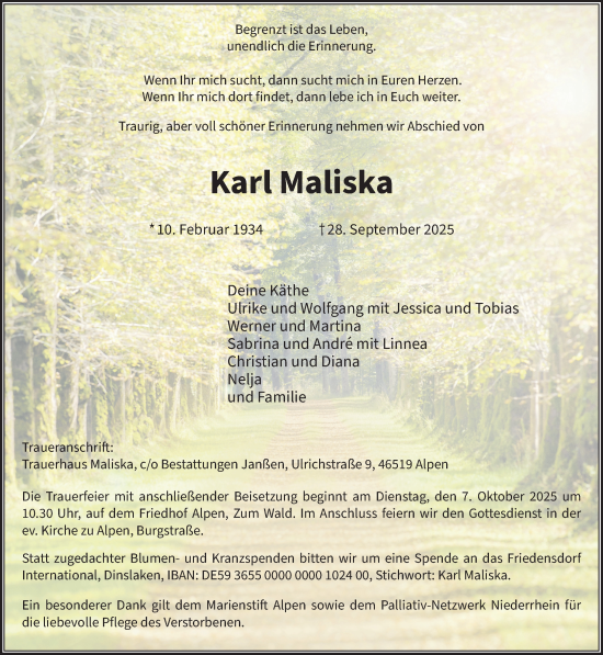 Traueranzeige von Karl Maliska von NNA