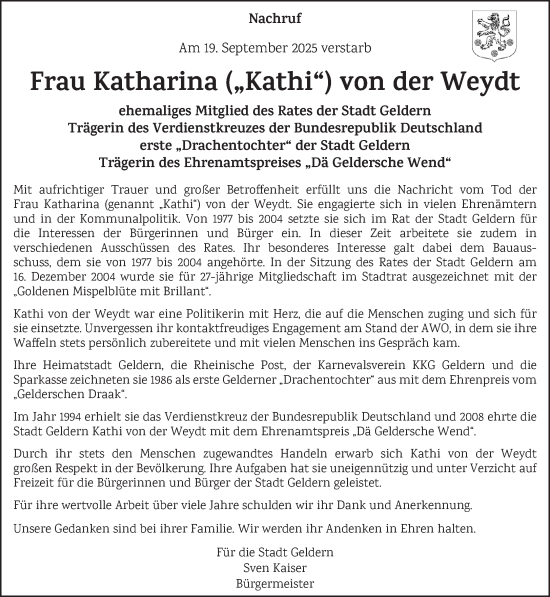 Traueranzeige von Katharina von der Weydt von NNA