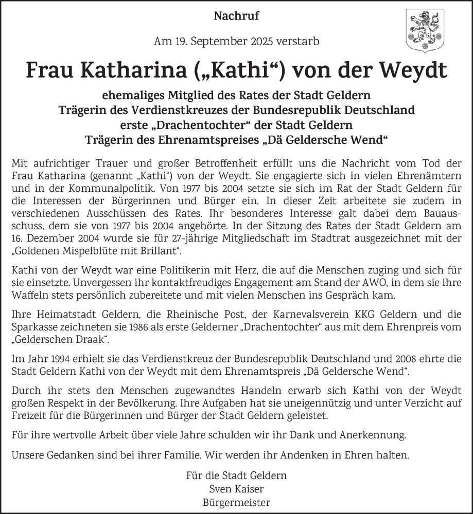  Traueranzeige für Katharina von der Weydt vom 04.10.2025 aus NNA