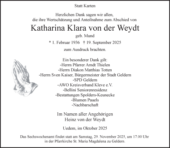 Traueranzeige von Katharina Klara von der Weydt von NNA