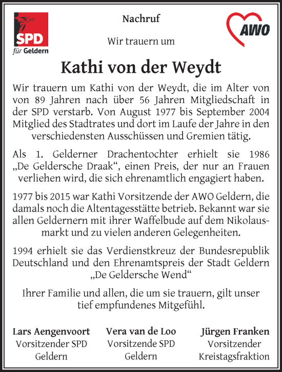 Traueranzeige von Kathi von der Weydt von NNA