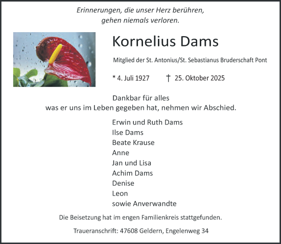 Traueranzeige von Kornelius Dams von NNA