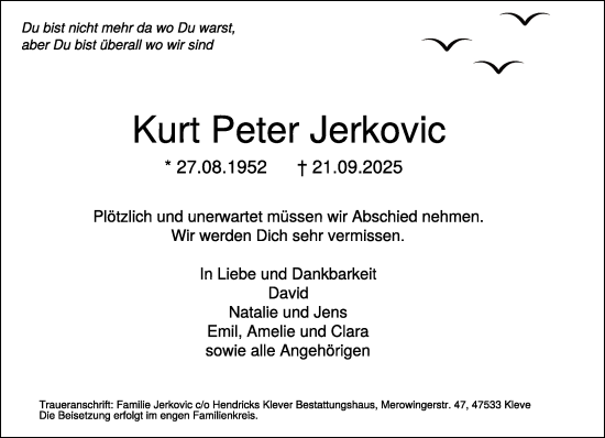 Traueranzeige von Kurt Peter Jerkovic von NNA