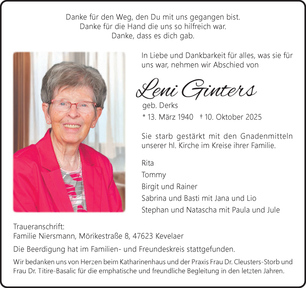  Traueranzeige für Leni Ginters vom 25.10.2025 aus NNA