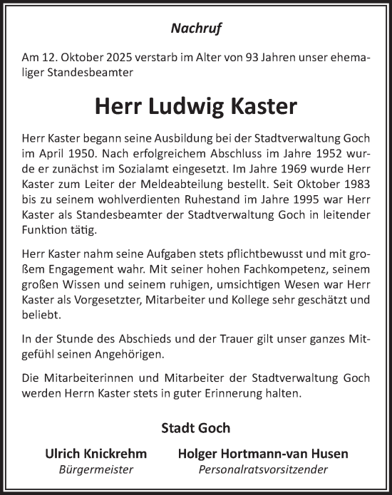 Traueranzeige von Ludwig Kaster von NNA