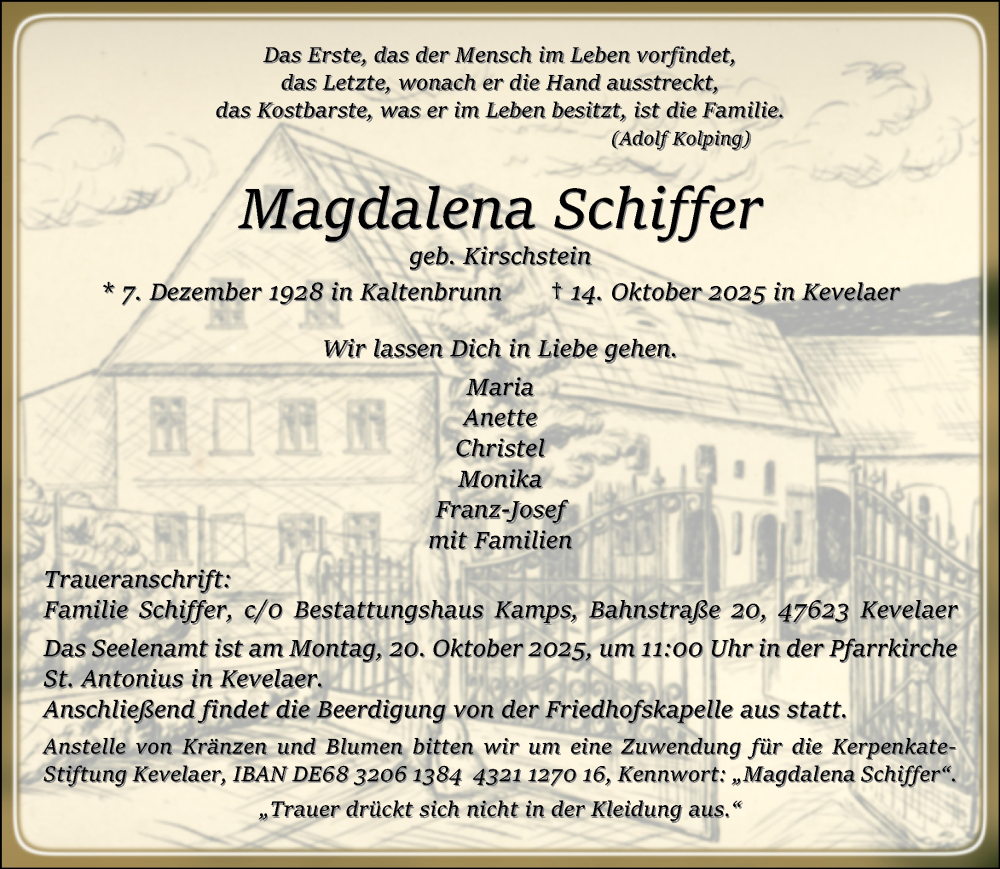  Traueranzeige für Magdalena Schiffer vom 18.10.2025 aus NNA