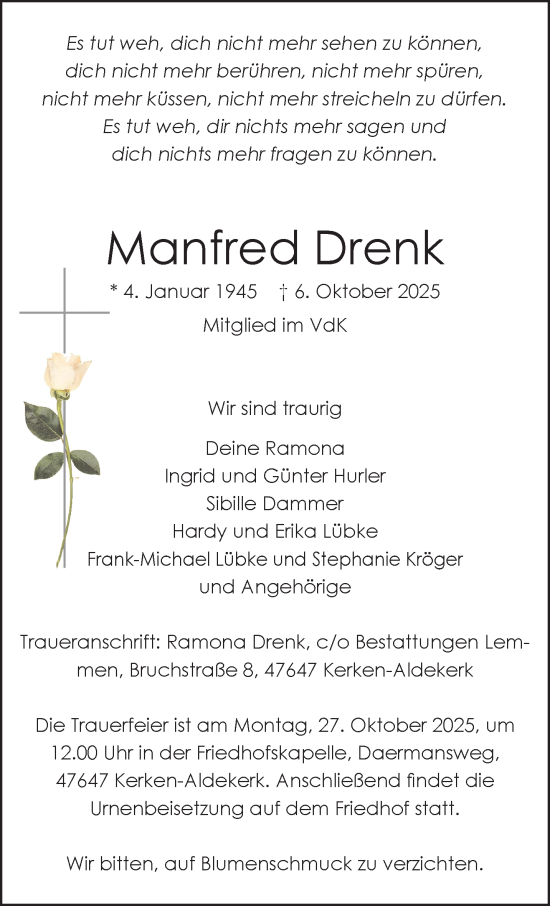 Traueranzeige von Manfred Drenk von NNA