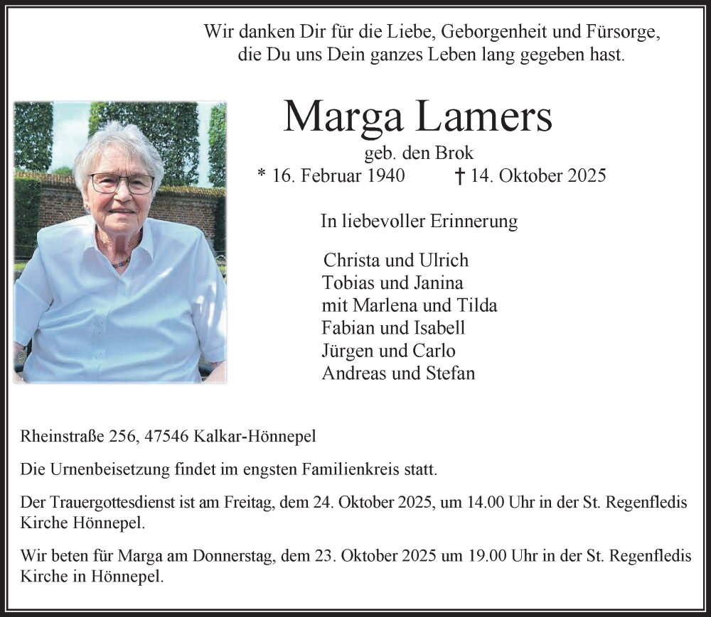  Traueranzeige für Marga Lamers vom 18.10.2025 aus NNA