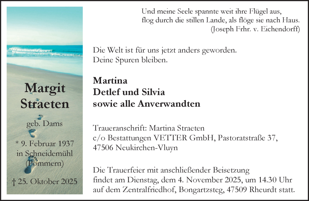  Traueranzeige für Margit Straeten vom 31.10.2025 aus NNA