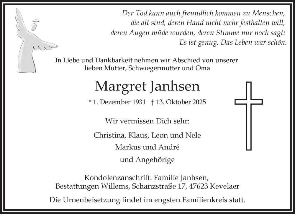 Traueranzeige für Margret Janhsen vom 25.10.2025 aus NNA