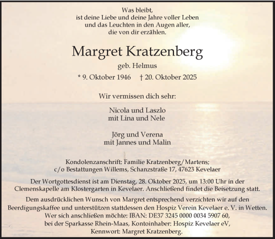 Traueranzeige von Margret Kratzenberg von NNA