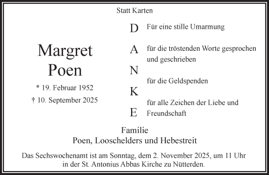 Traueranzeige von Margret Poen von NNA