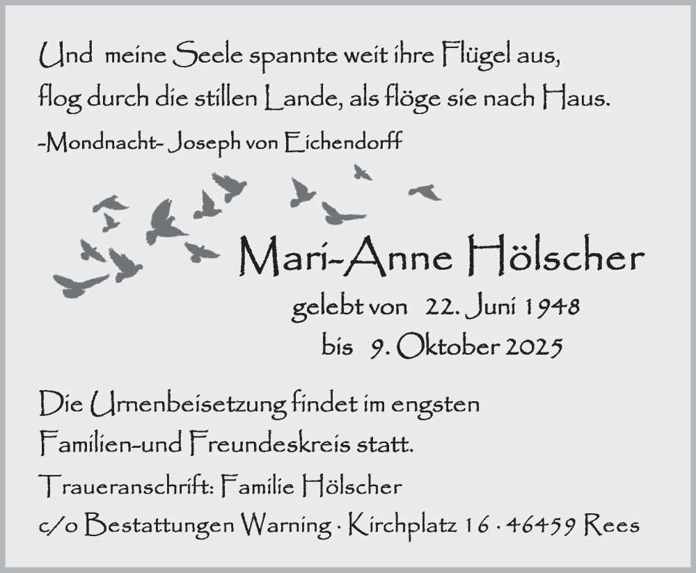  Traueranzeige für Mari-Anne Hölscher vom 25.10.2025 aus NNA