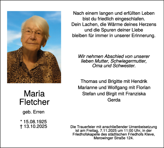 Traueranzeige von Maria Fletcher von NNA