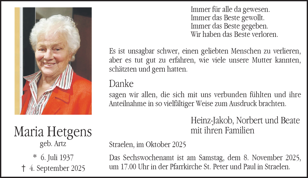  Traueranzeige für Maria Hetgens vom 31.10.2025 aus NNA