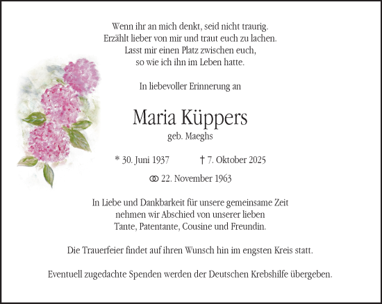 Traueranzeige von Maria Küppers von NNA