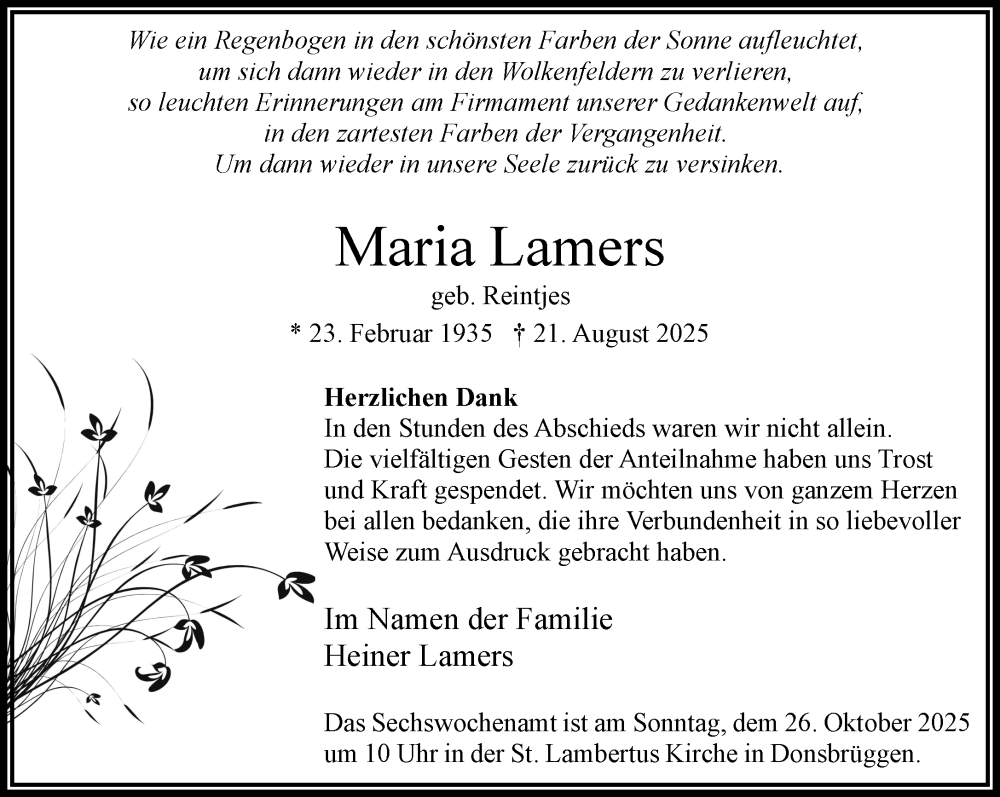  Traueranzeige für Maria Lamers vom 18.10.2025 aus NNA