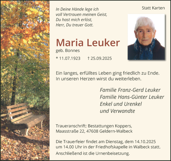 Traueranzeige von Maria Leuker von NNA