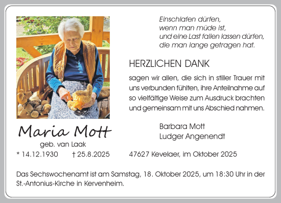 Traueranzeige von Maria Mott von NNA