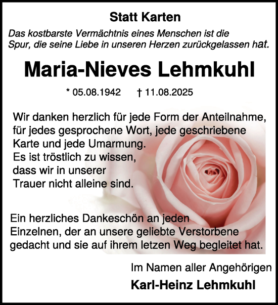 Traueranzeige von Maria-Nieves Lehmkuhl von NNA