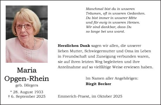 Traueranzeige von Maria Opgen-Rhein von NNA