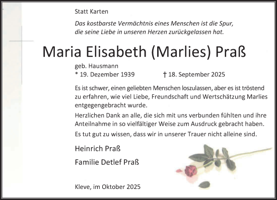 Traueranzeige von Maria Elisabeth Praß von NNA