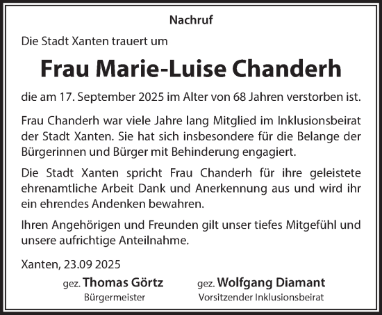Traueranzeige von Marie-Luise Chanderh von NNA