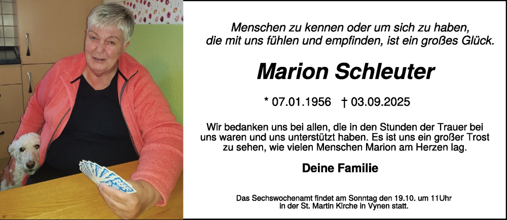  Traueranzeige für Marion Schleuter vom 11.10.2025 aus NNA