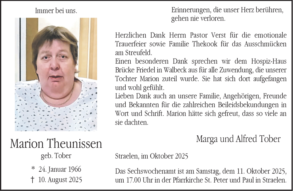  Traueranzeige für Marion Theunissen vom 04.10.2025 aus NNA