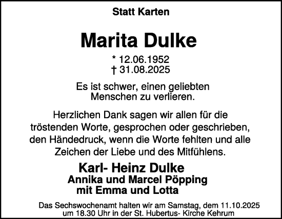 Traueranzeige von Marita Dulke von NNA