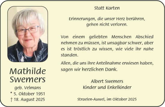 Traueranzeige von Mathilde Swemers von NNA
