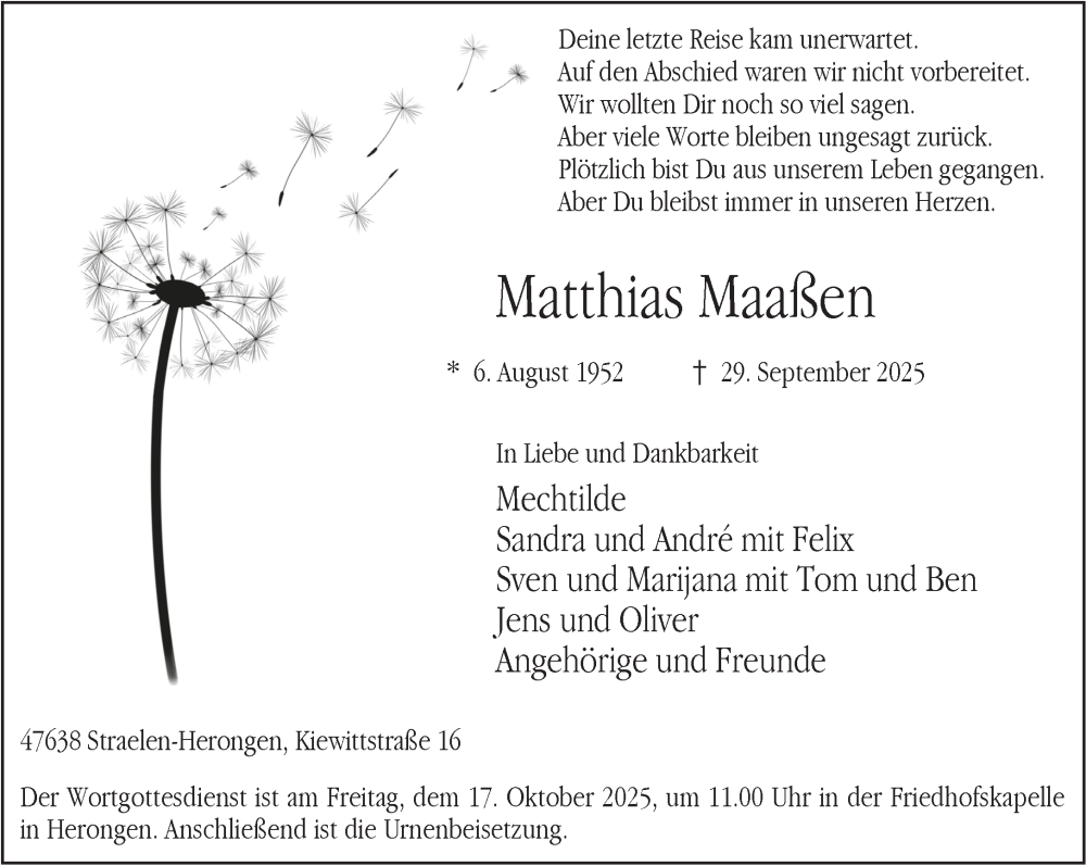  Traueranzeige für Matthias Maaßen vom 11.10.2025 aus NNA