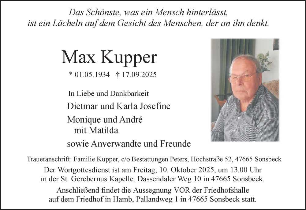  Traueranzeige für Max Kupper vom 04.10.2025 aus NNA