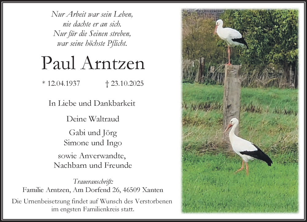  Traueranzeige für Paul Arntzen vom 31.10.2025 aus NNA