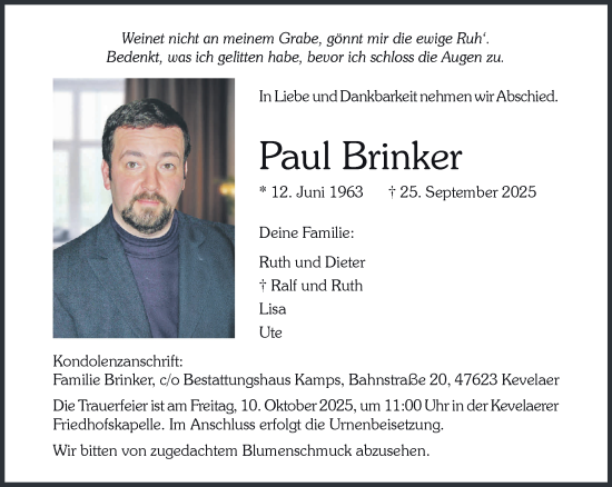 Traueranzeige von Paul Brinker von NNA