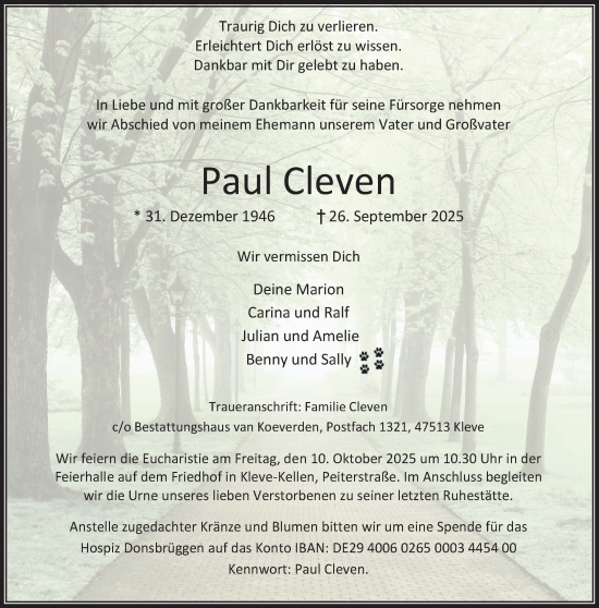 Traueranzeige von Paul Cleven von NNA
