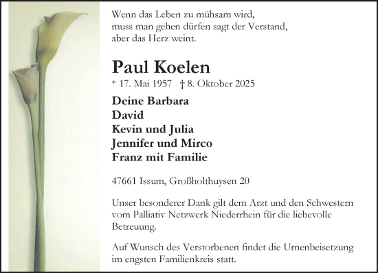 Traueranzeige von Paul Koelen von NNA