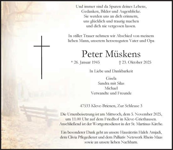 Traueranzeige von Peter Müskens von NNA