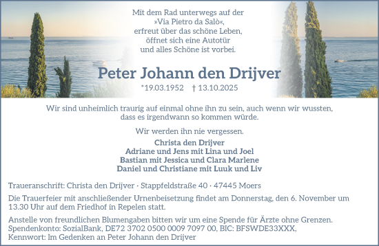 Traueranzeige von Peter Johann den Drijver von NNA
