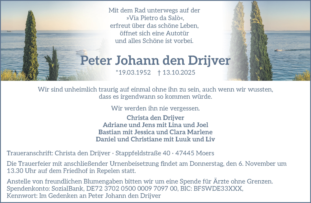  Traueranzeige für Peter Johann den Drijver vom 25.10.2025 aus NNA