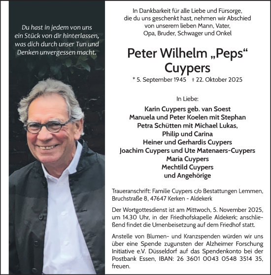 Traueranzeige von Peter Wilhelm Cuypers von NNA