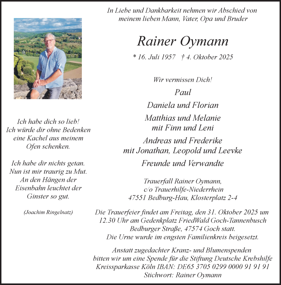  Traueranzeige für Rainer Oymann vom 25.10.2025 aus NNA