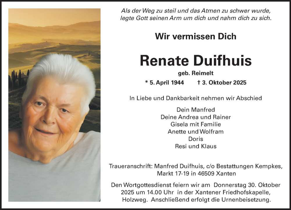  Traueranzeige für Renate Duifhuis vom 25.10.2025 aus NNA