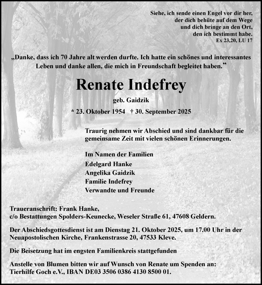  Traueranzeige für Renate Indefrey vom 11.10.2025 aus NNA
