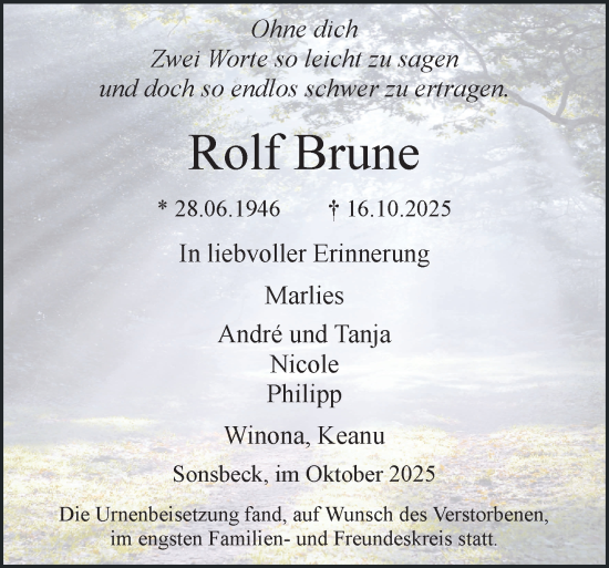 Traueranzeige von Rolf Brune von NNA