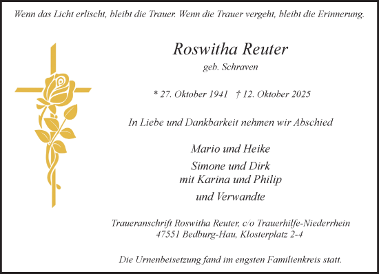 Traueranzeige von Roswitha Reuter von NNA