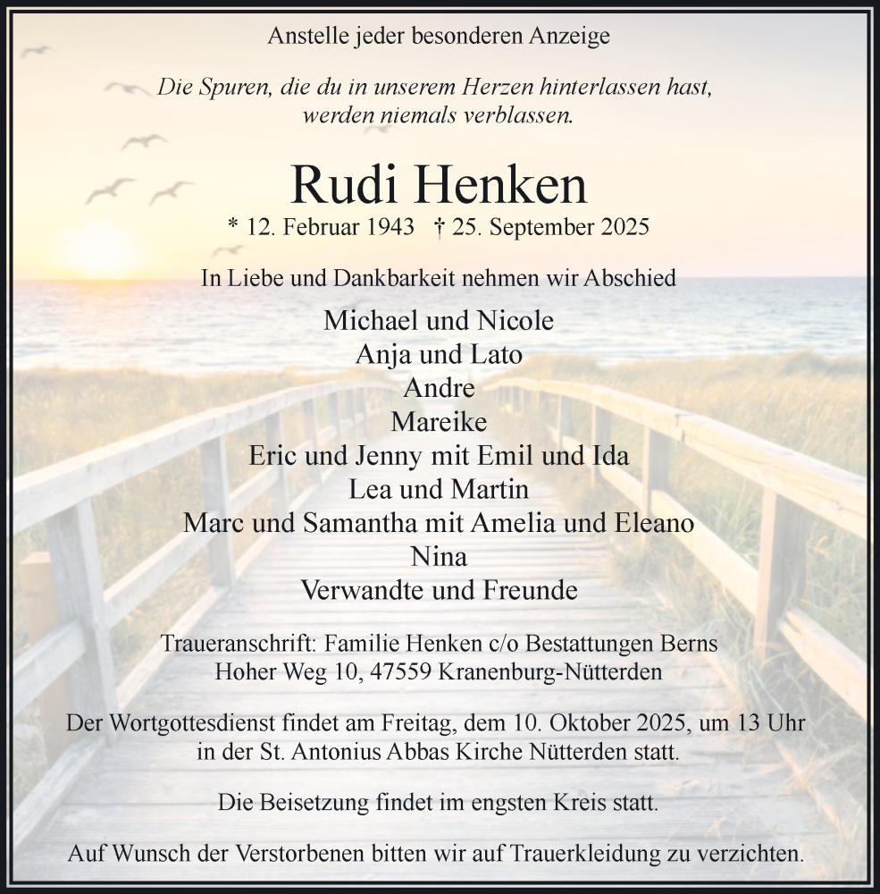  Traueranzeige für Rudi Henken vom 04.10.2025 aus NNA