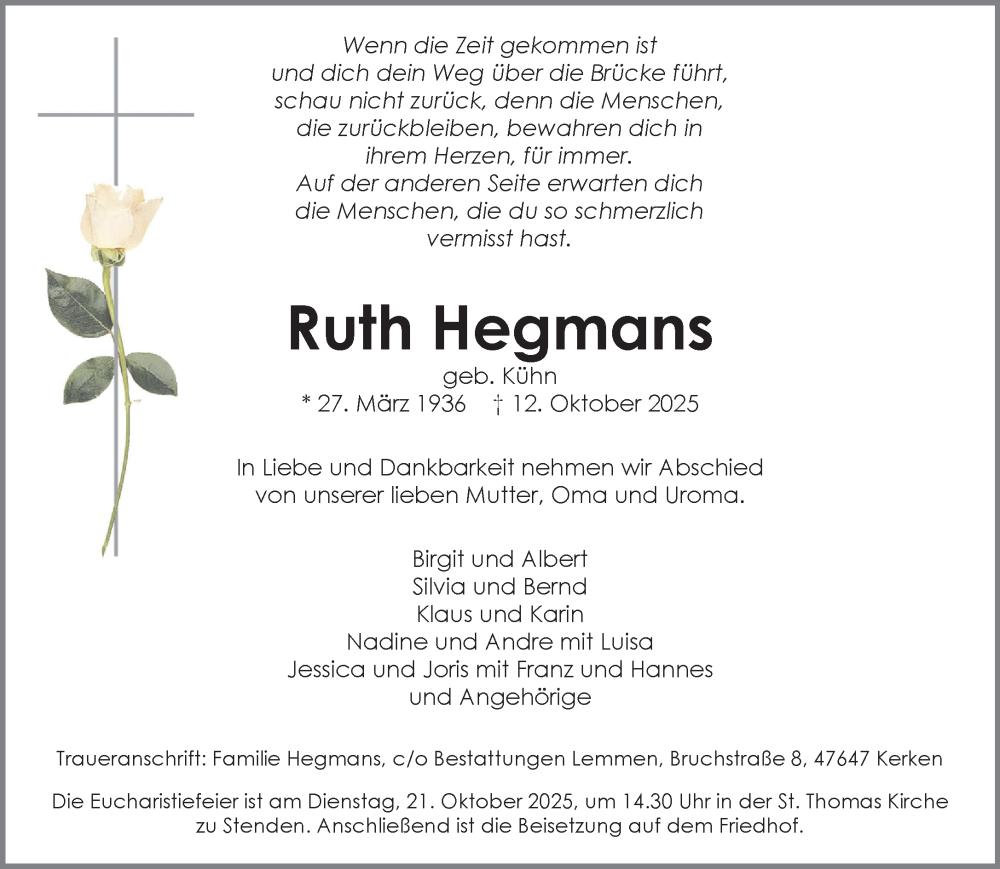  Traueranzeige für Ruth Hegmans vom 18.10.2025 aus NNA