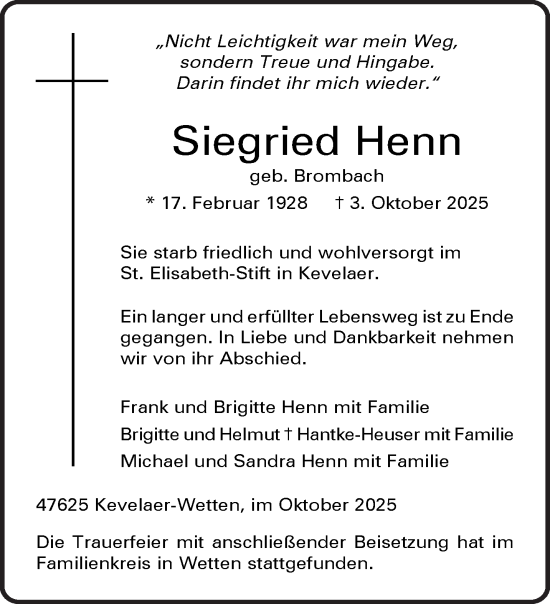 Traueranzeige von Siegried Henn von NNA