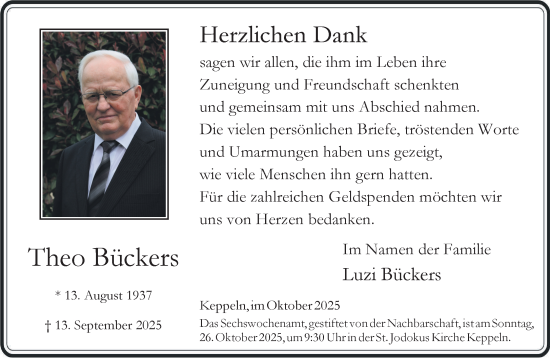 Traueranzeige von Theo Bückers von NNA